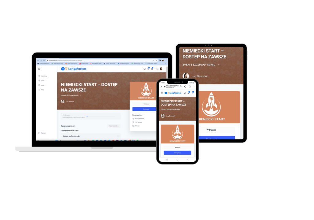 Obrazek przedstawia kurs Niemiecki Start otworzony na różnych urządzeniach elektronicznych takich jak laptop, tablet czy telefon